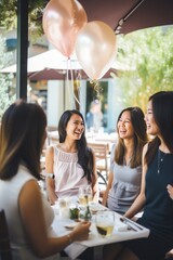 Group of young asian female friends having baby shower in a cafe.