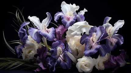 Silverbell Iris flowers arranged in an artistic bouquet with a dark background.