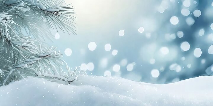 Festive Winter Background: Snow-Covered Spruce, Bokeh Christmas Lights, and a Place for Customized Text.