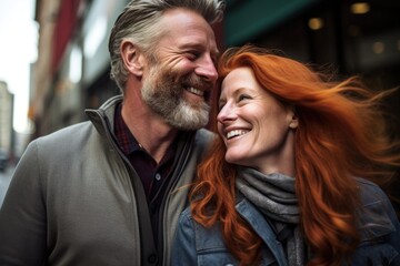 adult couple happy expression outdoors in a city. ai generated
