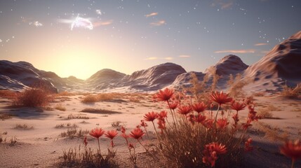 "Stardust Sundew" in a desert oasis, surrounded by a pristine, untouched landscape, untouched by human presence.