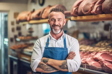 Fotobehang A happy male butcher standing with arms crossed in modern meat shop. © JKLoma