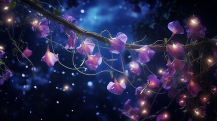 Starlight Sweet Pea climbing a trellis against a dark, starry sky, with the petals emitting a soft,...