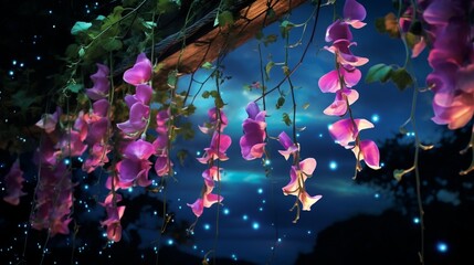Starlight Sweet Pea climbing a trellis against a dark, starry sky, with the petals emitting a soft, natural glow in