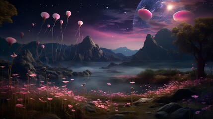 Starlight Sweet Pea in a surreal, dreamlike landscape, bathed in a breathtaking 8K resolution under a luminous moon.