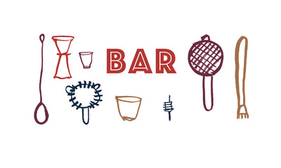 Barware, set of colored
vector images. Hand drawing, sketch, doodle, calligraphy, brush, minimalism. Cafe, restaurant, cocktail, alcohol, wine, whiskey, holiday, relaxation. White background. Eps10