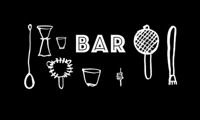 Barware, vector set. Hand drawing, sketch, doodle, calligraphy. Cafe, restaurant, bar, cocktail, alcohol, wine. White on black. Eps10