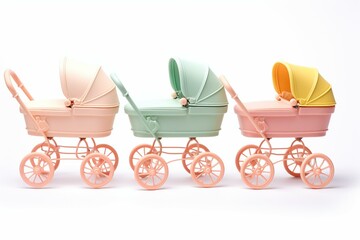 Vintage pastel baby strollers isolated on white. 3d illustration. Generative AI