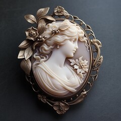 
Antique cameo brooch or pin from the Victorian era. Delicate piece of high jewelry, a woman's profile face carved in ivory. Art history, antiques, museum. - obrazy, fototapety, plakaty