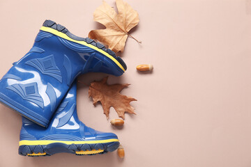 Blue gumboots with autumn leaves and acorns on brown background