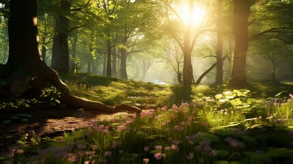 Sunlight filtering through the branches of a tranquil forest, highlighting the beauty of Serenity...