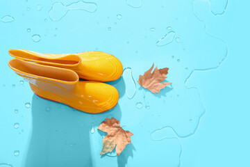 Yellow gumboots with autumn leaves in water on blue background