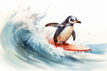 Watercolor of penguin wearing red swimming suit on the surfboard having surf at the ocean waves