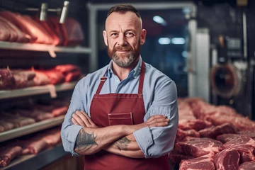 Fotobehang A happy male butcher standing with arms crossed in modern meat shop.generative ai © LomaPari2021