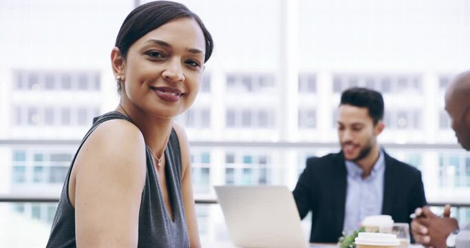 Business woman, writing and meeting in team planning, schedule or tasks in notebook at office. Portrait of happy female person, planner or employee taking notes or smile for project plan at workplace
