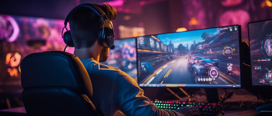 Gamer playing online with racing game controller in an esports setup. - obrazy, fototapety, plakaty