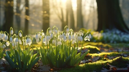 Sunlight filtering through the leaves, illuminating a cluster of snowdrops on a serene winter...