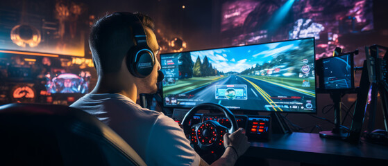 Gamer playing online with racing game controller in an esports setup.