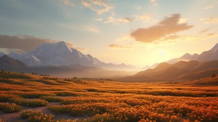 Sunlit saffron fields stretching to the horizon, with the sun setting behind the mountains, casting...