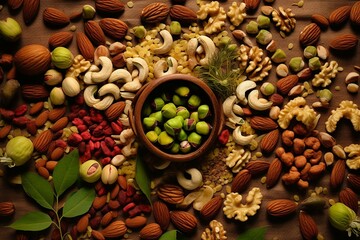 A mixture of nuts including almonds, pistachios, walnuts, macadamia, and cashews. Generative AI