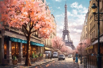 Fototapeta na wymiar Artwork depicting a scenic Parisian street in spring with blooming trees and the Eiffel Tower in the distance. Generative AI