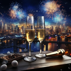Karta noworoczna, życzenia na nowy rok, szampan kieliszki, fajerwerki. AI generative - obrazy, fototapety, plakaty