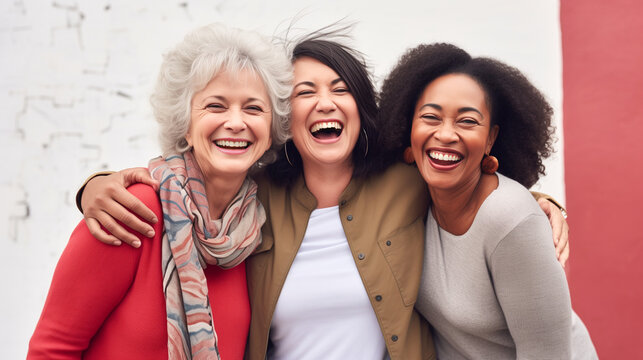 Multiracial senior women having fun together outdoor at city street- three happy mature trendy female friends hugging and laughing on urban place- Friendship lifestyle concept.