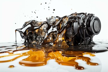 Detailed car engine components with oil splashes on white background. Generative AI