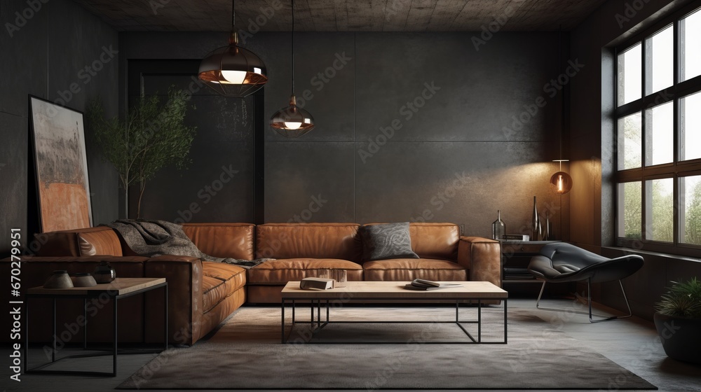 Wall mural Black living room interior with leather sofa, minimalist industrial style, 3d render. Decor concept. Real estate concept. Art concept.