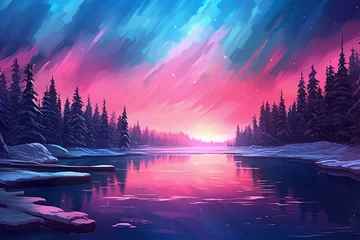 Zelfklevend Fotobehang Illustration of a stunning Christmas winter lake landscape with vibrant pink and blue northern lights in the sky reflecting in the water. Generative AI © Elodie