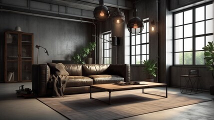Black living room interior with leather sofa, minimalist industrial style, 3d render. Decor concept. Real estate concept. Art concept.