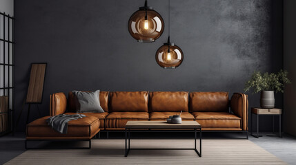 Black living room interior with leather sofa, minimalist industrial style, 3d render. Decor concept. Real estate concept. Art concept. - obrazy, fototapety, plakaty
