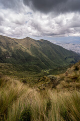 Beautiful view of the volcanoes from the top of the Pichincha volcano in the capital of Ecuador in the city of Quito.