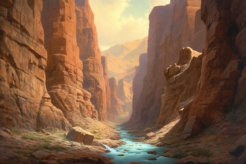 A painting depicts a river flowing through a narrow canyon among mountains and rocks. Generative AI - obrazy, fototapety, plakaty