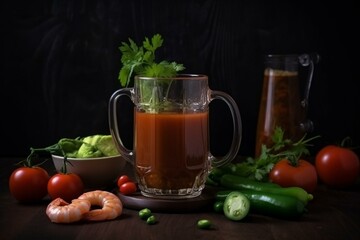 Preparation of drink with beer in a glass, prepared with cucumber, shrimp, spicy sauce, celery, and tomato-juice. Generative AI