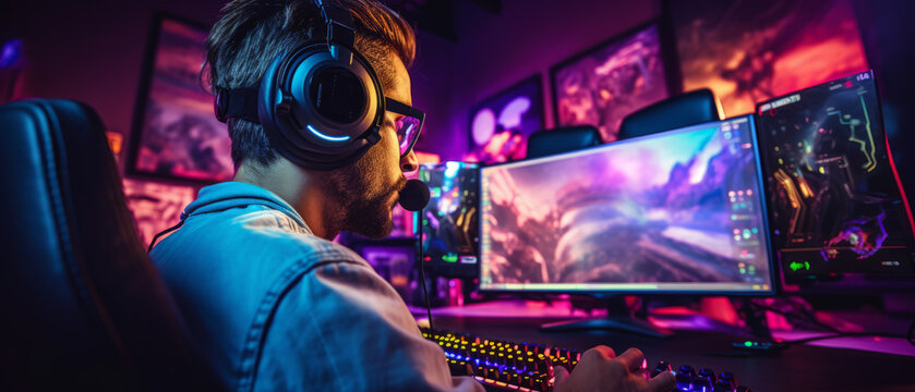 Gamer playing online with racing game controller in an esports setup. generative ai