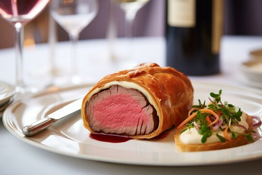 Delicious dish of beef Wellington, served on white plate with creamy horseradish sauce, fork, and knife. Generative AI