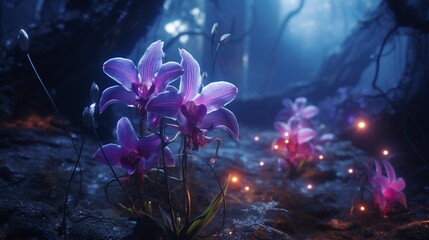 The Obsidian Orchid in a mystical, enchanted forest, surrounded by enchanting flora and fauna.