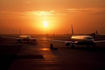 Silhouetted aircraft on runway at sunrise. Generative AI