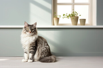 striped cat sits on the floor by the windowsill in a sunlit room adorned with plants