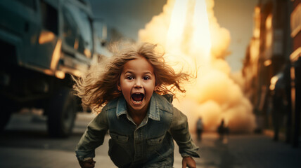 Innocent civilians flee missile attack, fearing surprise military operation. generative ai - obrazy, fototapety, plakaty