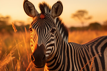 Fototapeta na wymiar Zebras in the sunset field