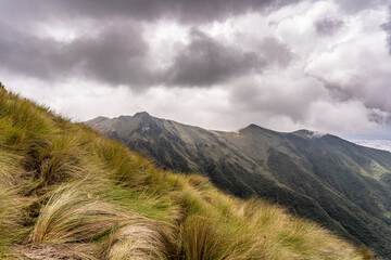 Beautiful view of the volcanoes from the top of the Pichincha volcano in the capital of Ecuador, Quito.