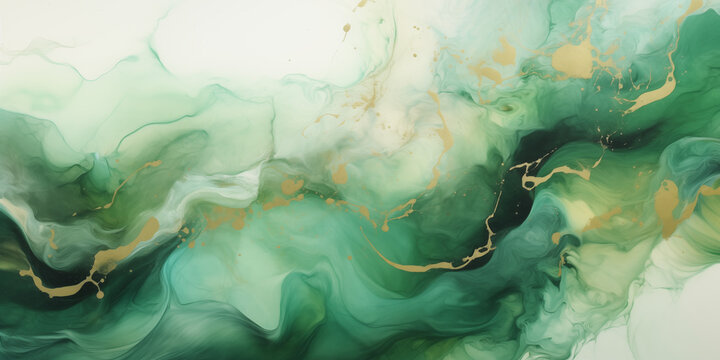 AI illustration of a green and gold marble background, luxury, abstract watercolor texture with golden veins, powerpoint slides presentation background, indigo marble texture with gold splashes
