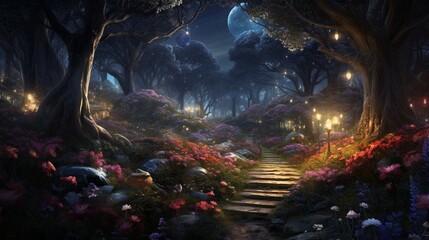 Craft an image of a dense, enchanted forest illuminated solely by the glow of Mystic Moonflowers,...