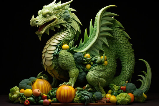 Green dragon with vegetables and fruits carving.Chinese New Year. Symbol of New Year 2024. World Vegetarian Day. Vegan Day. Meat-free days.Dining art.Fine dining decor.