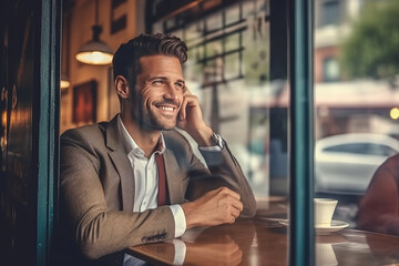 A handsome businessman sitting happily looking out of the window in a cafe