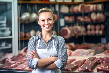 A happy female butcher standing with arms crossed in modern meat shop. - obrazy, fototapety, plakaty