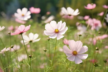 Cosmos flowers with delicate white pink petals on slender stem amidst green blur. Generative AI