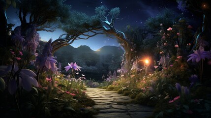 Generate a moonlit garden where Mystic Moonflowers twinkle like stars, captured in mesmerizing